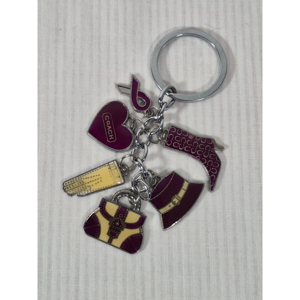Coach Multi Charm Keychain Purple Cream Enamel Heart Boot Bag Hat Silver Tone